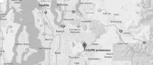 Black and white map showing Seattle and surrounding areas, with a marker labeled "COUPE architecture" near Covington, southeast of Renton and Kent—your Pacific Northwest residential architect contact.