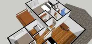 3D floor plan showing a house interior with a bedroom, bathroom, dining area, and stairway, featuring wooden floors and a deck.