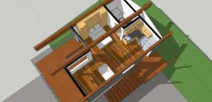 3D floor plan rendering of a small house with two rooms, a bathroom, kitchen, living area, and outdoor deck, viewed from above.