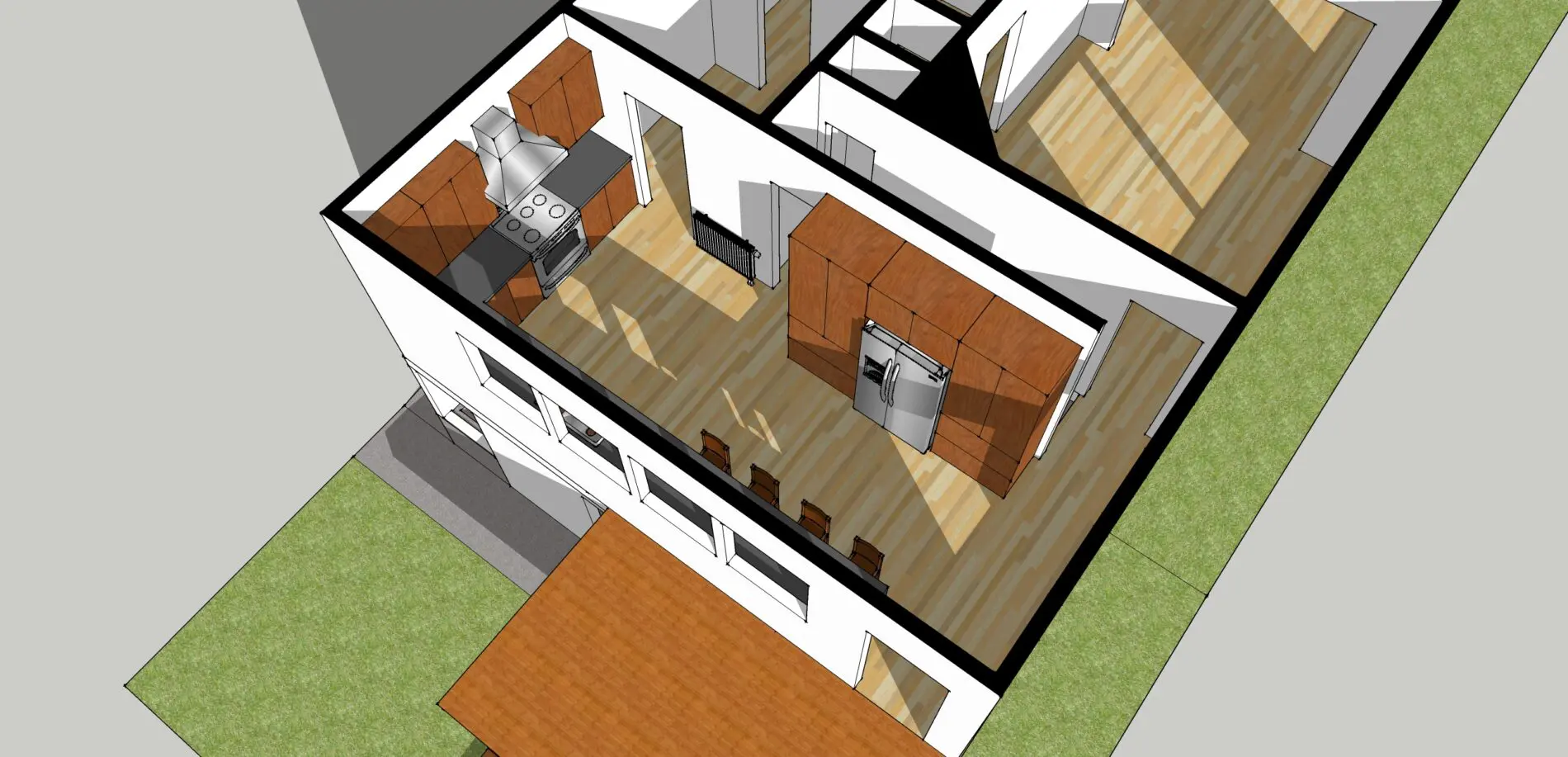 3D rendering of a house interior showing a kitchen with wooden cabinets, stainless steel appliances, dining area, and adjacent hallway with light wood flooring—showcasing Greater Seattle custom home design.