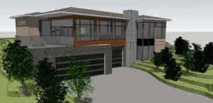 3D rendering of a modern two-story house with large windows, a concrete and stone facade, three garage doors, and a driveway surrounded by trees and terraced landscaping—showcasing Seattle custom home design.