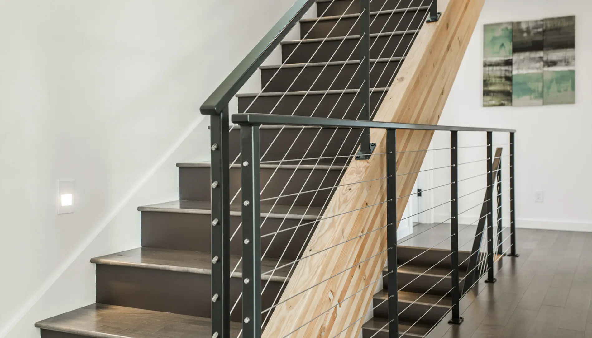 Modern staircase with dark steps, cable railing, and light wood accents highlights refined West Seattle custom home design. A wall light and abstract artwork complete the contemporary ambiance in the background.