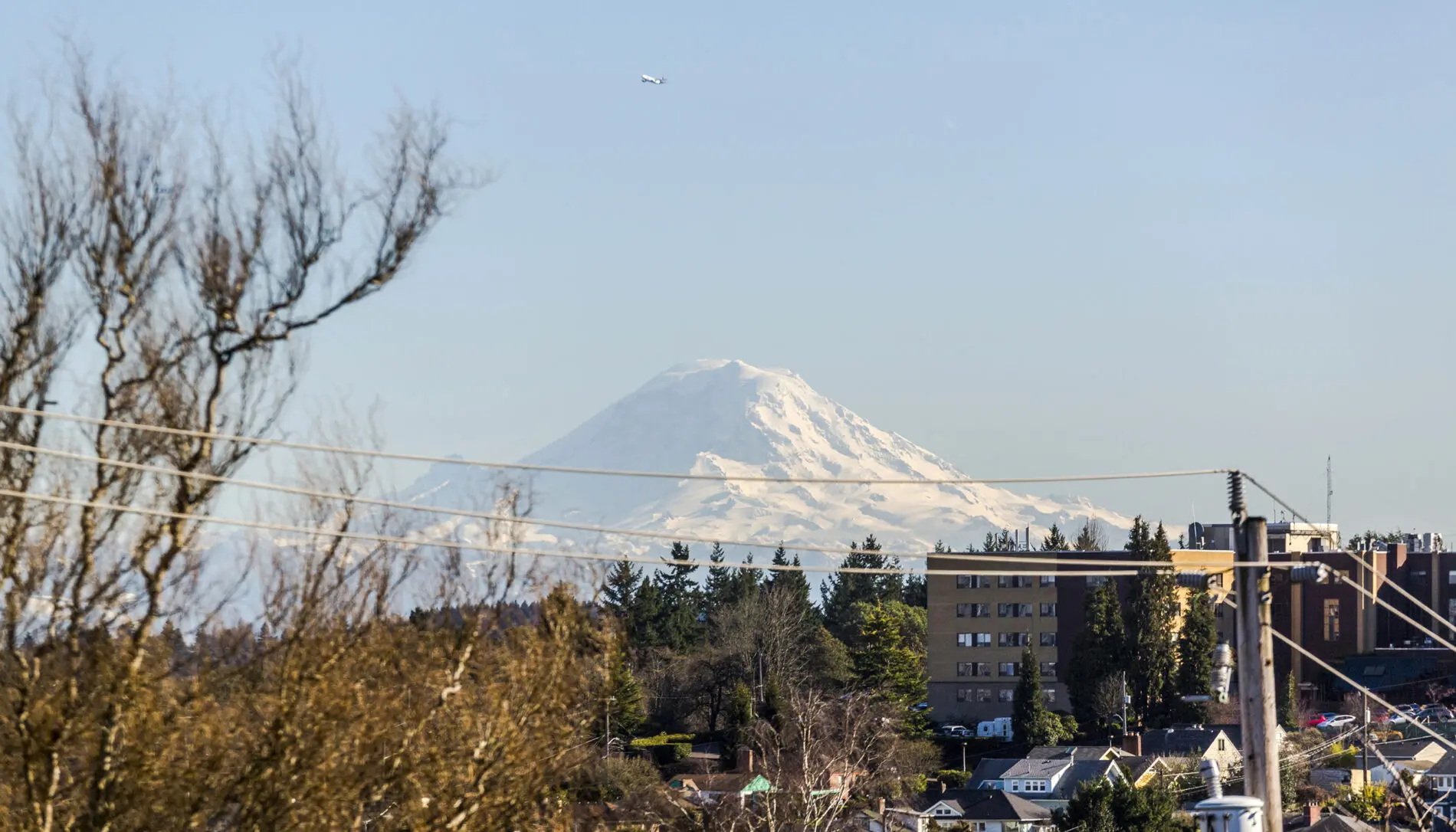 Snow-capped mountain in the background with a distant airplane, trees, utility wires, and buildings—featuring West Seattle custom home design—in the foreground under a clear sky.