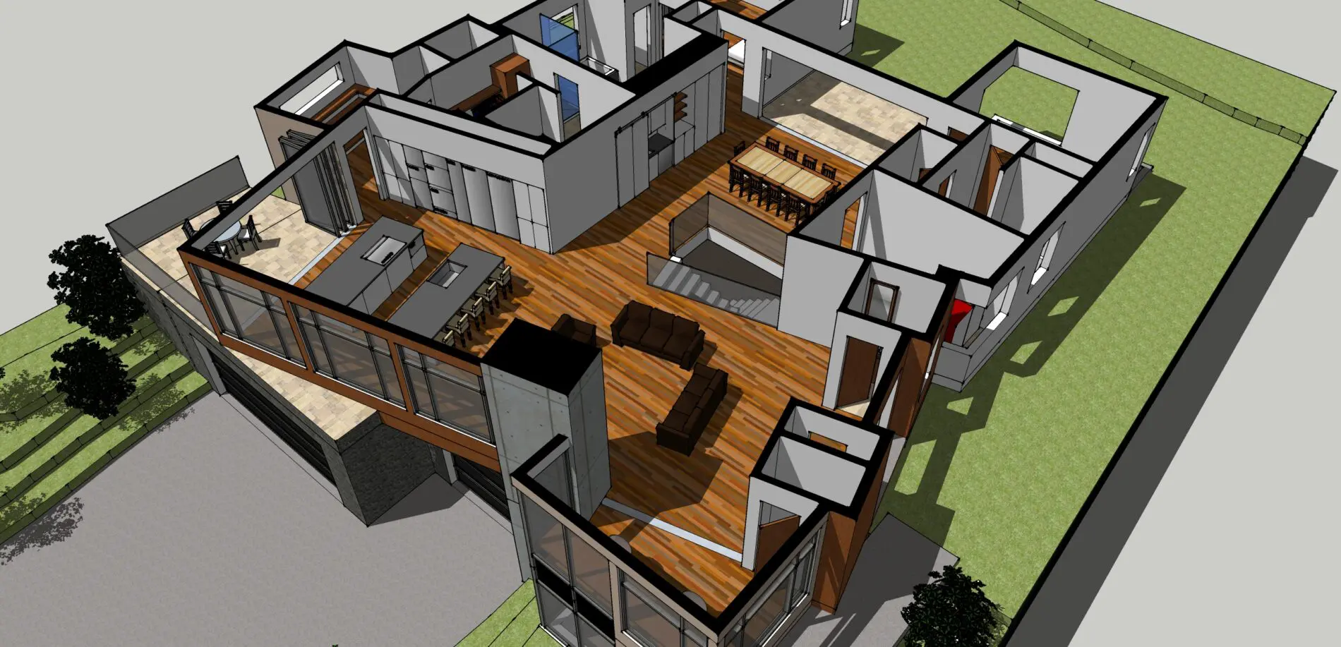 3D rendering of a Seattle custom home design floor plan with open living, dining, and kitchen areas, wood flooring, large windows, and a surrounding green lawn.