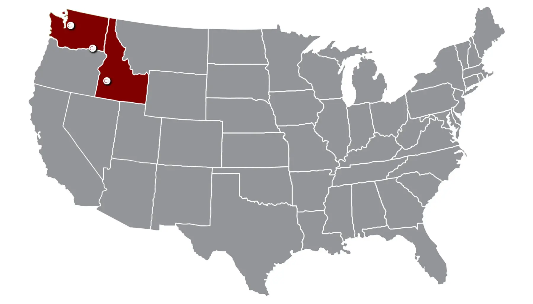 Map of the United States with Idaho, Washington, and Oregon highlighted in red; the rest of the states are shaded gray.
