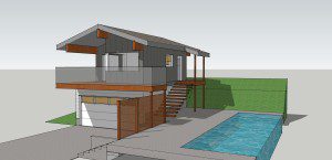3D rendering of a two-story modern house with a balcony, exterior stairs, garage, and rectangular swimming pool, set against a green and gray background.