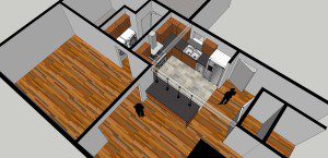 3D floor plan shows a two-bedroom apartment with a kitchen, living area, wood flooring, and two figures standing in separate rooms.