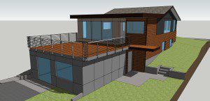 3D rendering of a two-story modern house with wood and gray panel exterior, large windows, a rooftop deck with metal railing, and a sloped grassy yard.