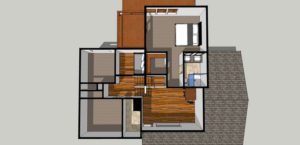 Top-down view of a house floor plan with multiple rooms, including bedrooms, living areas, and hallways, featuring wood and tile flooring.