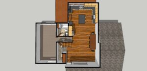 Top-down view of a floor plan showing a kitchen, dining area, living room, bathroom, stairs, and a large carpeted room, with wood and tiled flooring.