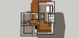 3D floor plan view of a house showing one bedroom, a bathroom, kitchen, living area with wood flooring, and adjacent carpeted rooms. Roof detail visible on the lower right.