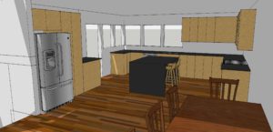 3D rendering of a modern kitchen with wood cabinets, black countertops, an island with stools, stainless steel fridge, and a dining table with chairs on a wooden floor.