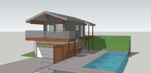 3D rendering of a modern two-story house with a balcony, rooftop overhang, exterior stairs, garage, and rectangular swimming pool.