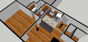 3D floor plan rendering of an apartment showing a kitchen, living area with wood flooring, and two human figures for scale.