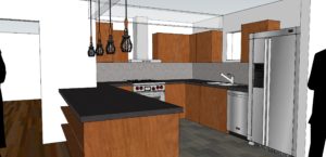 3D rendering of a modern kitchen with wood cabinets, black countertops, stainless steel appliances, hanging pendant lights, and a central island.