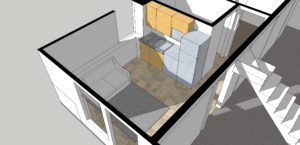 3D rendered floor plan showing a small kitchen with wood cabinets, a sink, stove, refrigerator, a rug, and a sofa in an adjacent area.