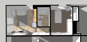 Overhead view of a 3-room layout featuring a bathroom with a tub, toilet, and sink between a bedroom and a living area with a couch and TV.