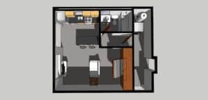 3D floor plan of a small apartment with a kitchen, bathroom, living area, bed, desk, and closets, viewed from above.