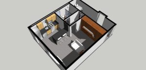 3D floor plan of a small apartment with a kitchen, island with stools, living area, bed, TV, bathroom, and closet.