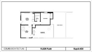 Black and white floor plan of an ADU showing a bedroom, bath, living/kitchen space, laundry space, basement, and crawl space, labeled with doors, stairs, and walls.
