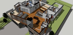 3D rendering of a Seattle custom home design floor plan with open living, dining, and kitchen areas, wood flooring, large windows, and a surrounding green lawn.